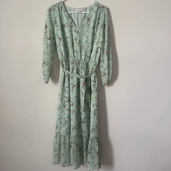 LOFT Full-Length Dress - Floral Design with Matching Belt - Picture 1 of 8
